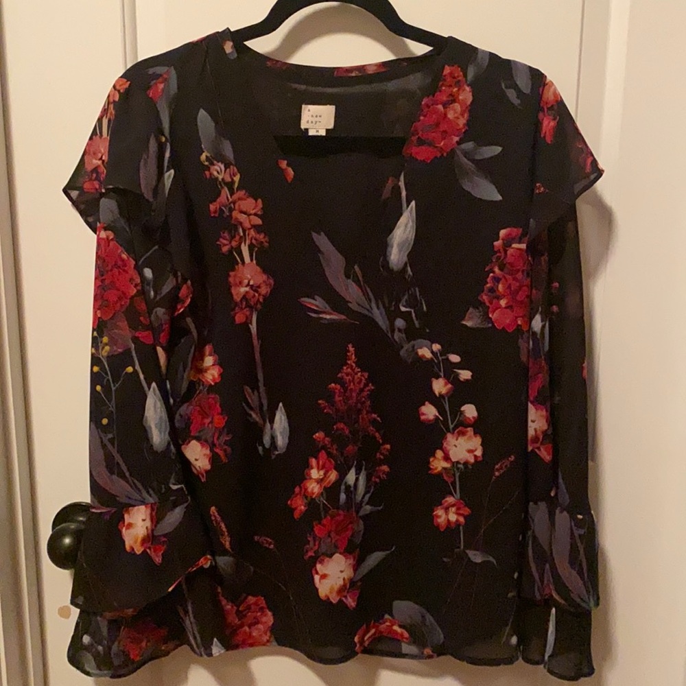 a new day Black Botanical Floral Ruffle Long Sleeve Blouse